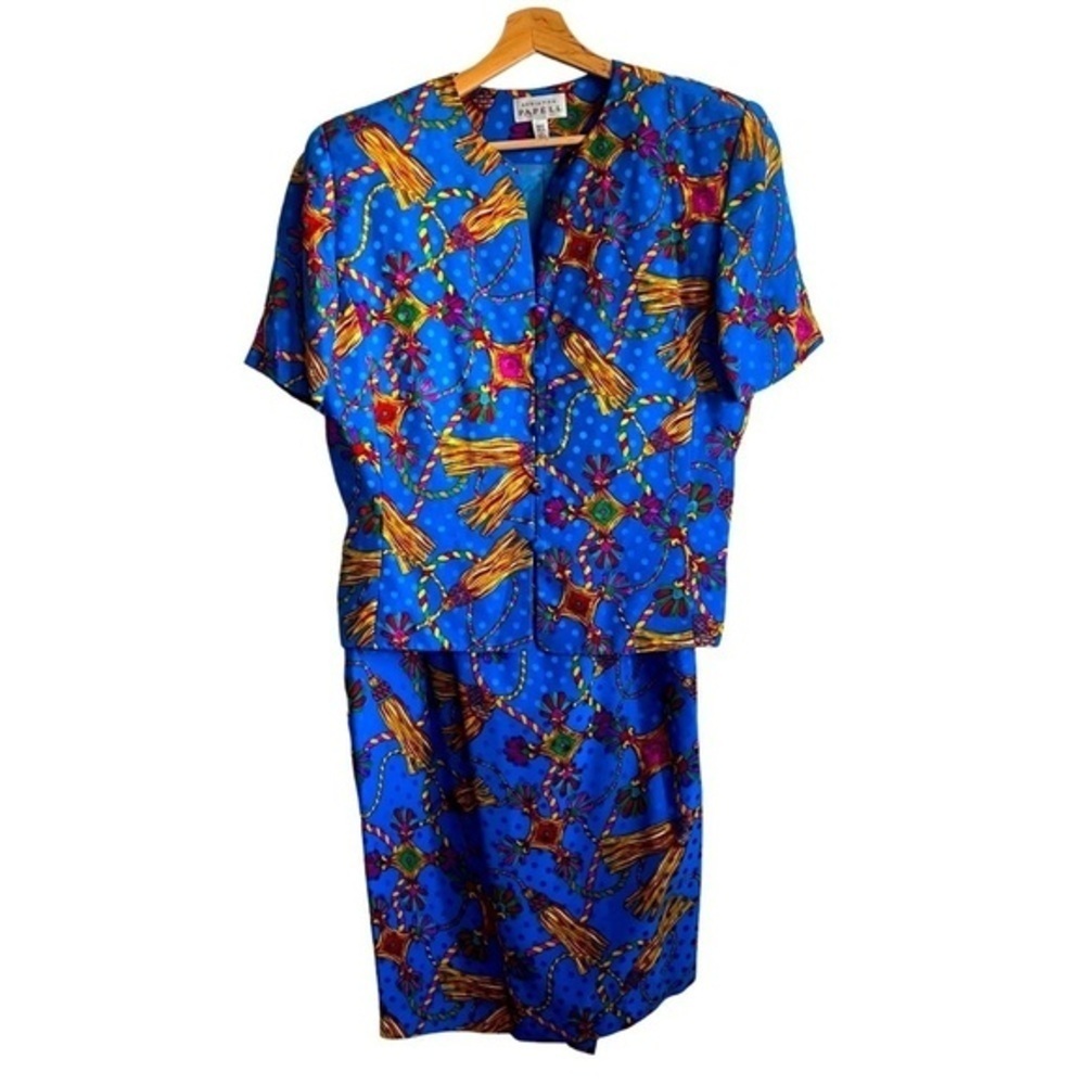 ADRIANNA Papell Vintage Blue Multiple Colors Tassel Print Shirt and Skirt Sz14